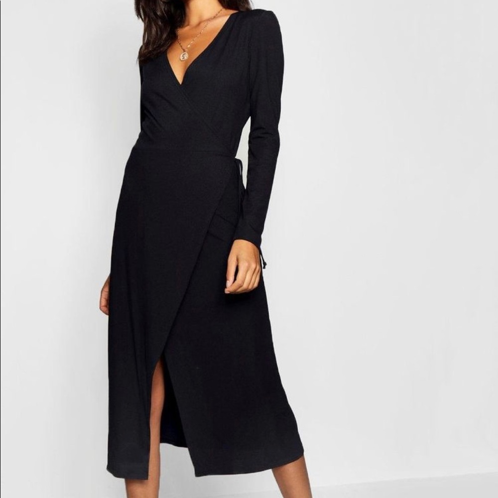 Boohoo Tall Ribbed Jersey Wraparound Black Dress with Long Sleeves, Size 10, NWT